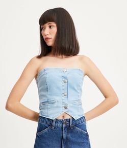 Blusa Cropped em Jeans com Decote Tomara que Caia