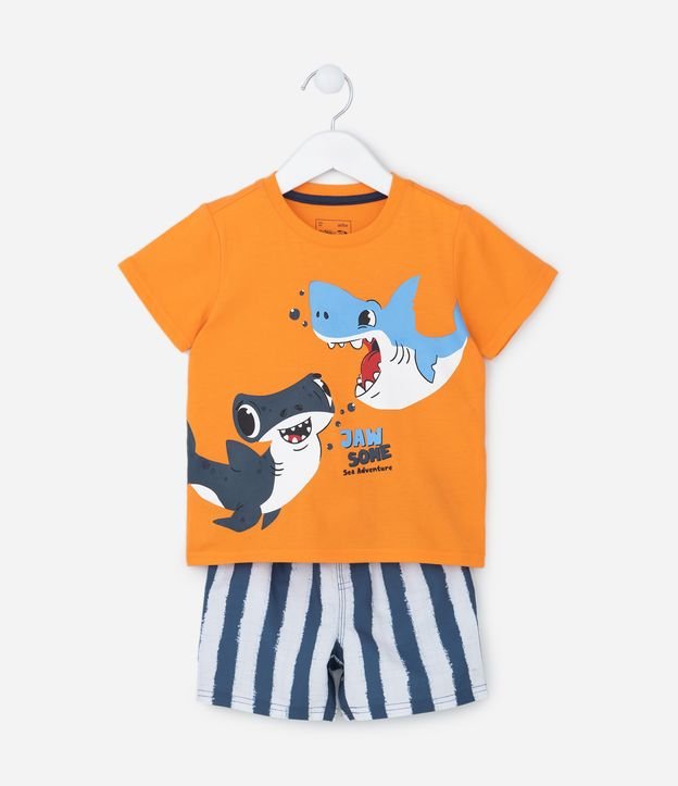 Conjunto Infantil com Estampa Tubarão e Listras - Tam 1 a 4 anos