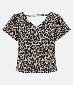 Blusa Manga Curta em Viscolinho com Estampa de Onça