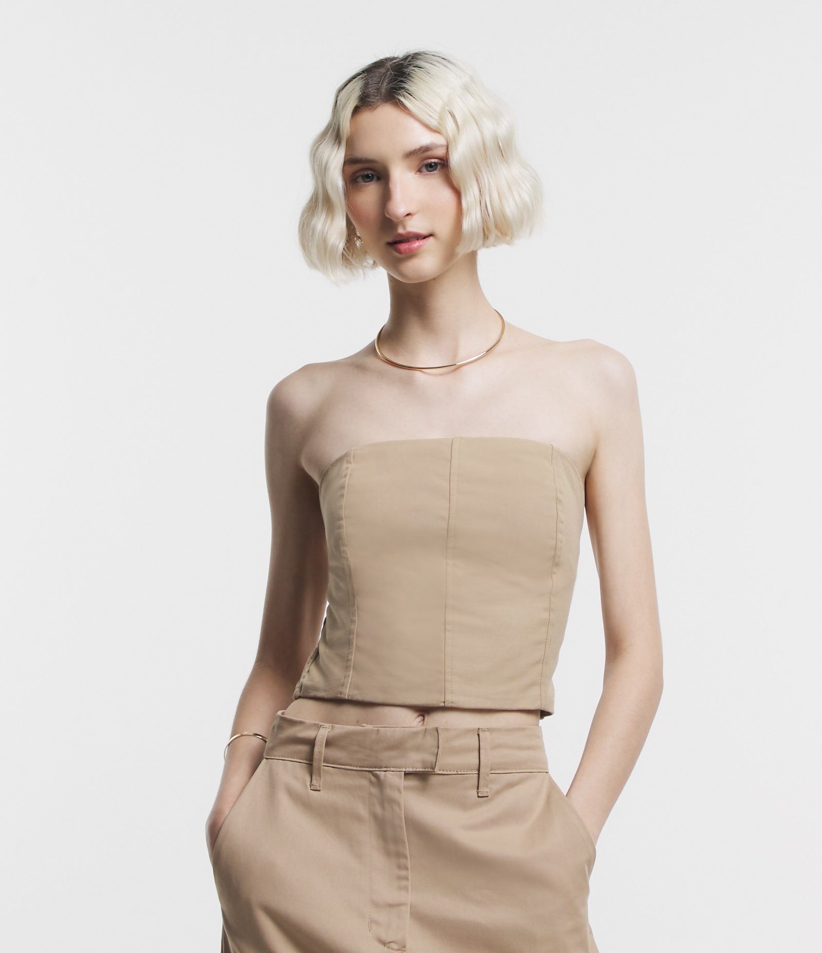 Top Corset em Sarja com Recortes e Lastex nas Costas Bege 1