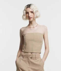 Top Corset em Sarja com Recortes e Lastex nas Costas