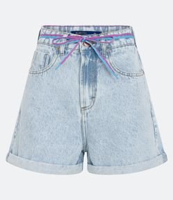 Short Mom Jeans Cintura Alta com Cordão na Cintura e Barra Dobrada