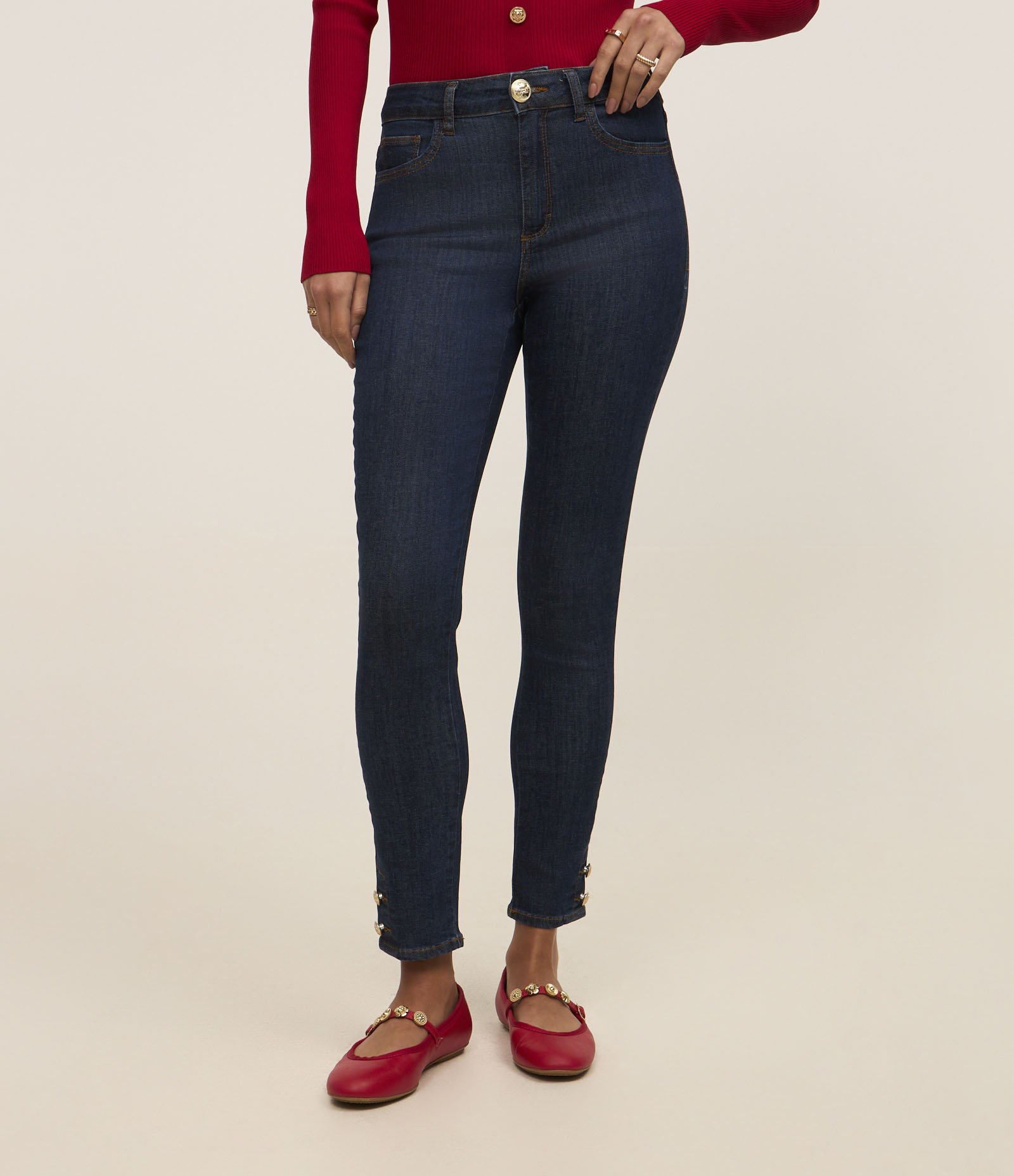 Calça Skinny Jeans com Pespontos Contrastantes e Botões na Barra Azul 3