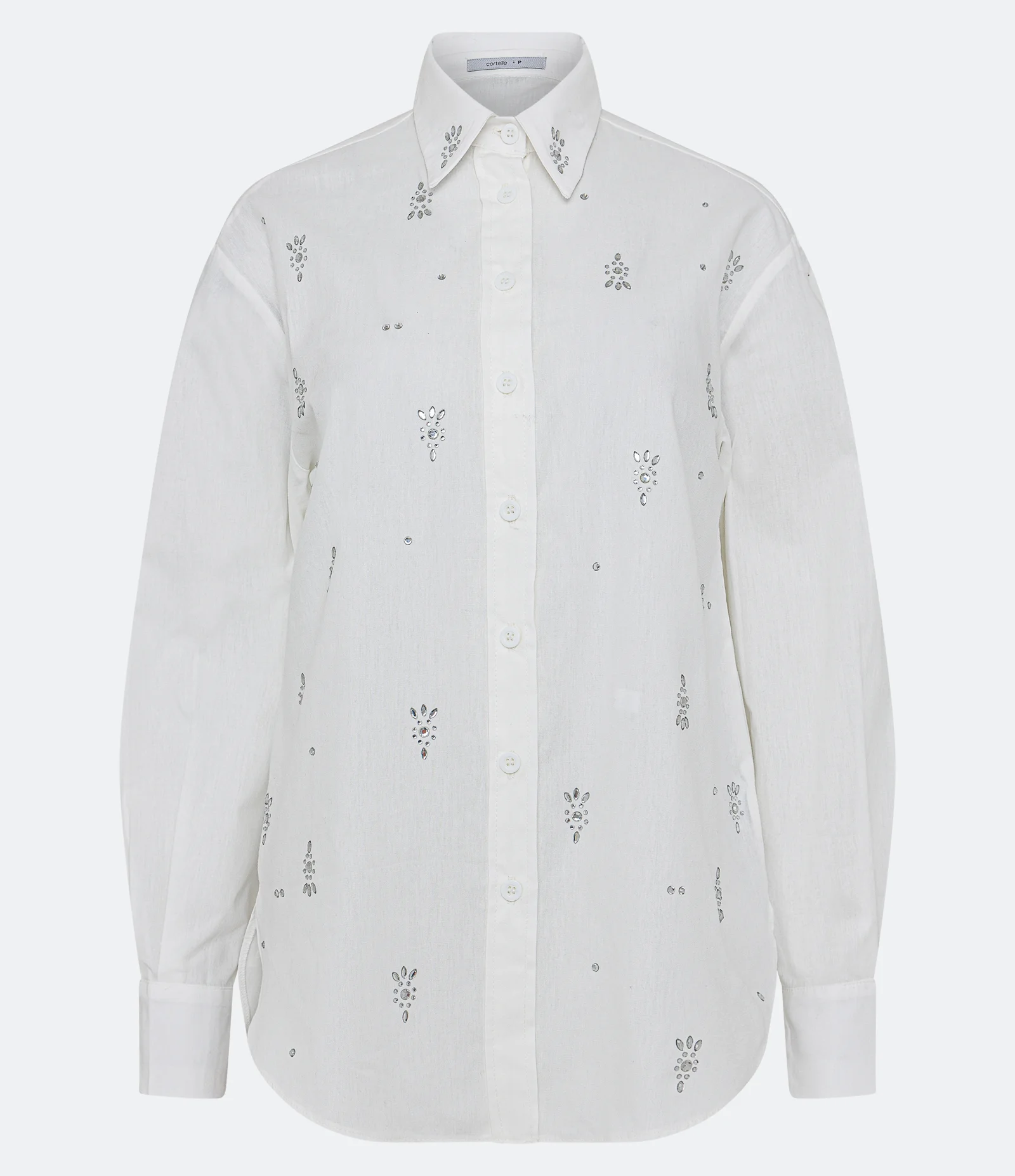 Camisa em Tricoline com Aplicações de Brilhos Frontal Off White 1