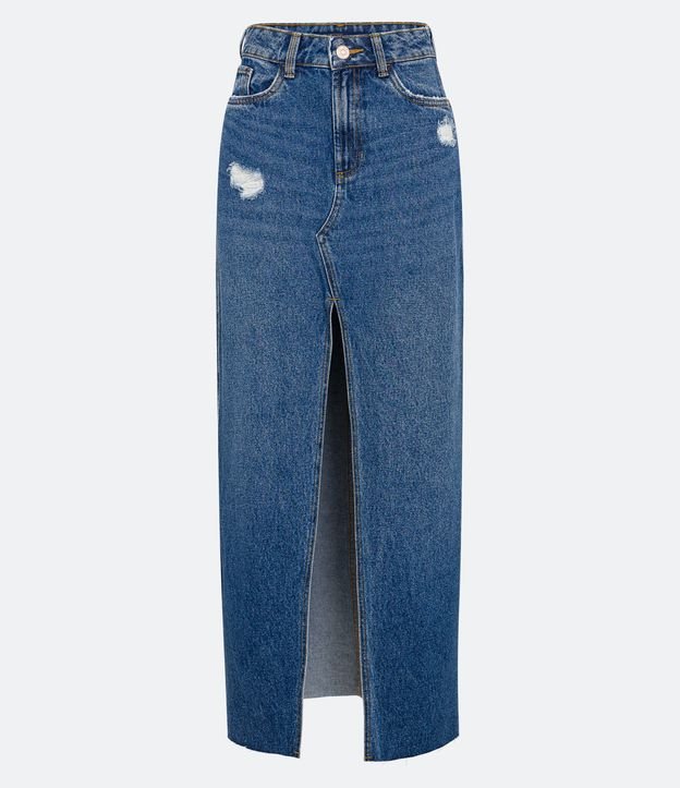Saia Longa Jeans com Fenda Frontal e Puídos na Altura do Quadril Azul Escuro 5