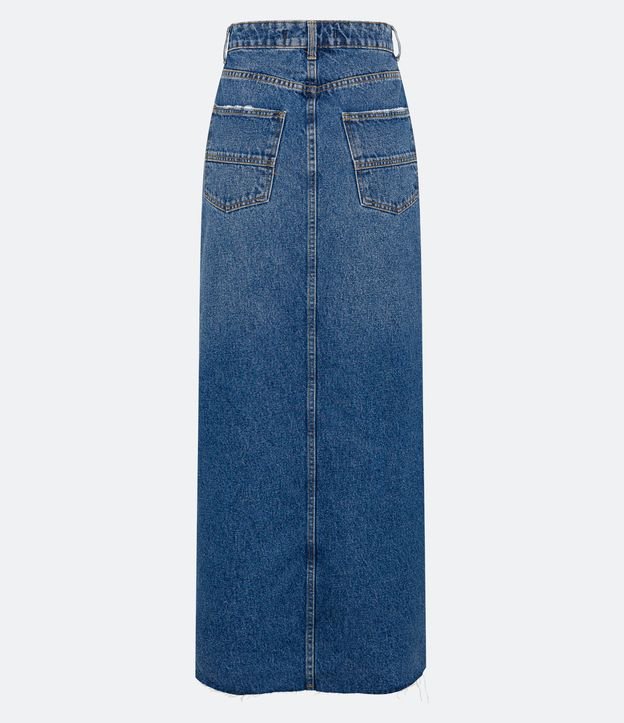 Saia Longa Jeans com Fenda Frontal e Puídos na Altura do Quadril Azul Escuro 6