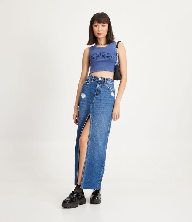 Saia Longa Jeans com Fenda Frontal e Puídos na Altura do Quadril Azul Escuro 1