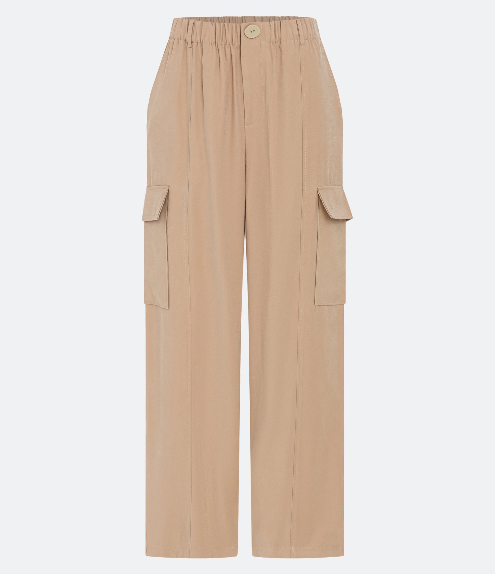 Calça Pantalona em Viscose com Bolsos Cargos e Cintura Elástica Bege 5