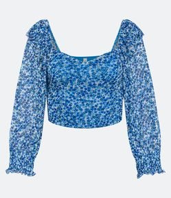 Blusa Manga 3/4 em Tule com Babadinho e Estampa Floral Liberty e Decote Coração