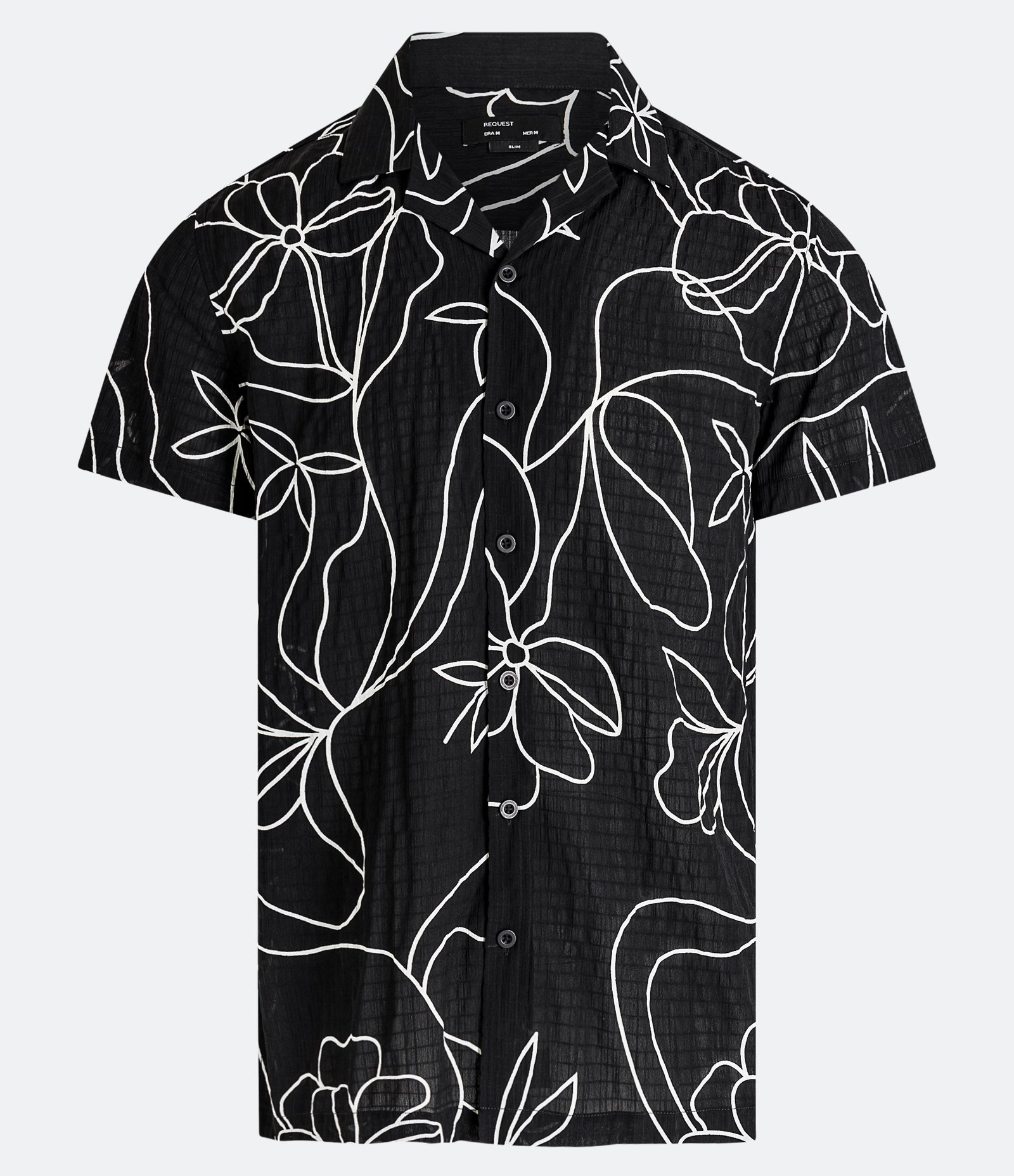 Camisa Slim em Ana Ruga com Textura e Estampa Floral Minimalista Preto 1