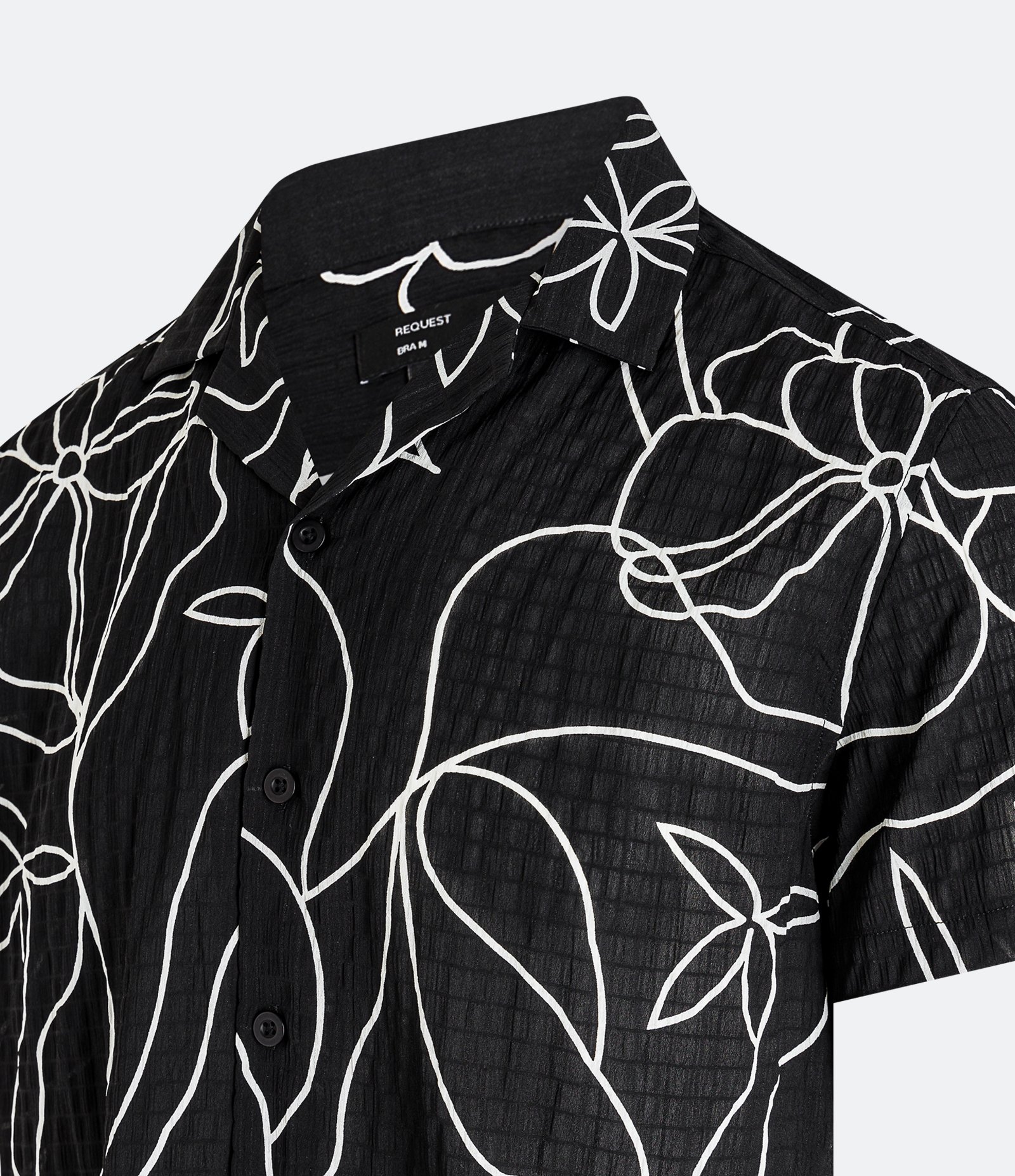 Camisa Slim em Ana Ruga com Textura e Estampa Floral Minimalista Preto 2