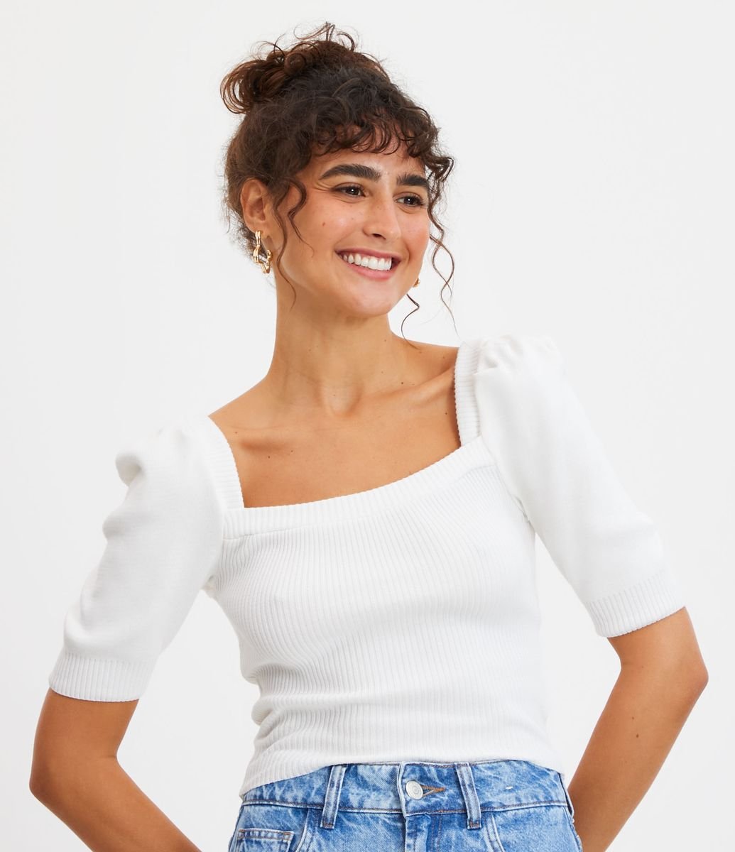 Blusa Em Tricô Canelada Com Manga Curta Off White