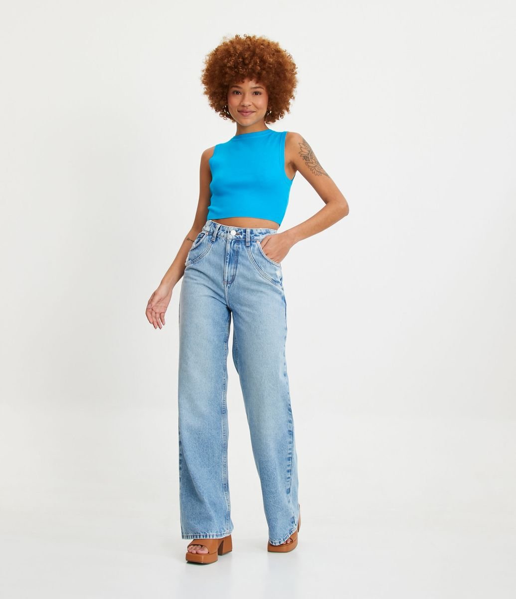 Calça Wide Leg Jeans com Detalhe de Puídos e Recorde Ondulado Frontal Azul