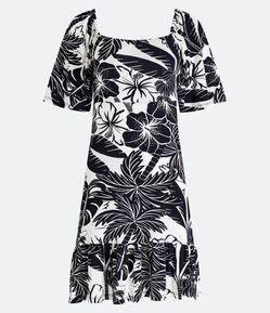 Vestido Curto em Viscose com Manga Godê e Estampa Tropical