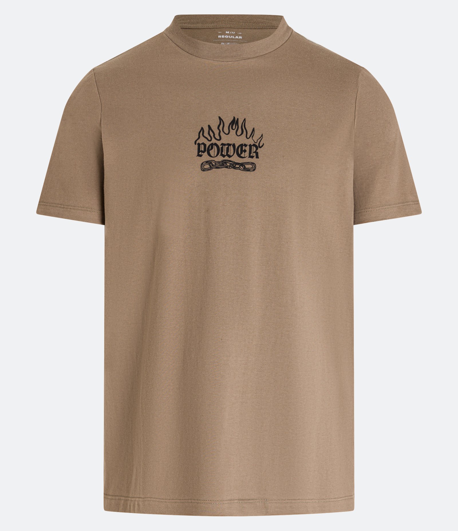 Camiseta Regular em Meia Malha Estampa Power com Chama e Corrente Marrom 5