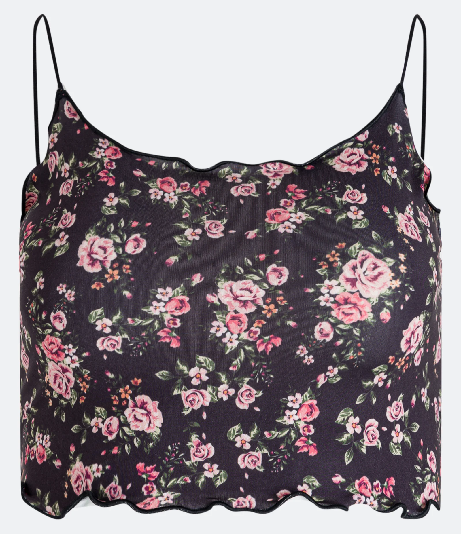 Blusa Cropped de Alça em Microfibra com Estampa Floral Preto 1