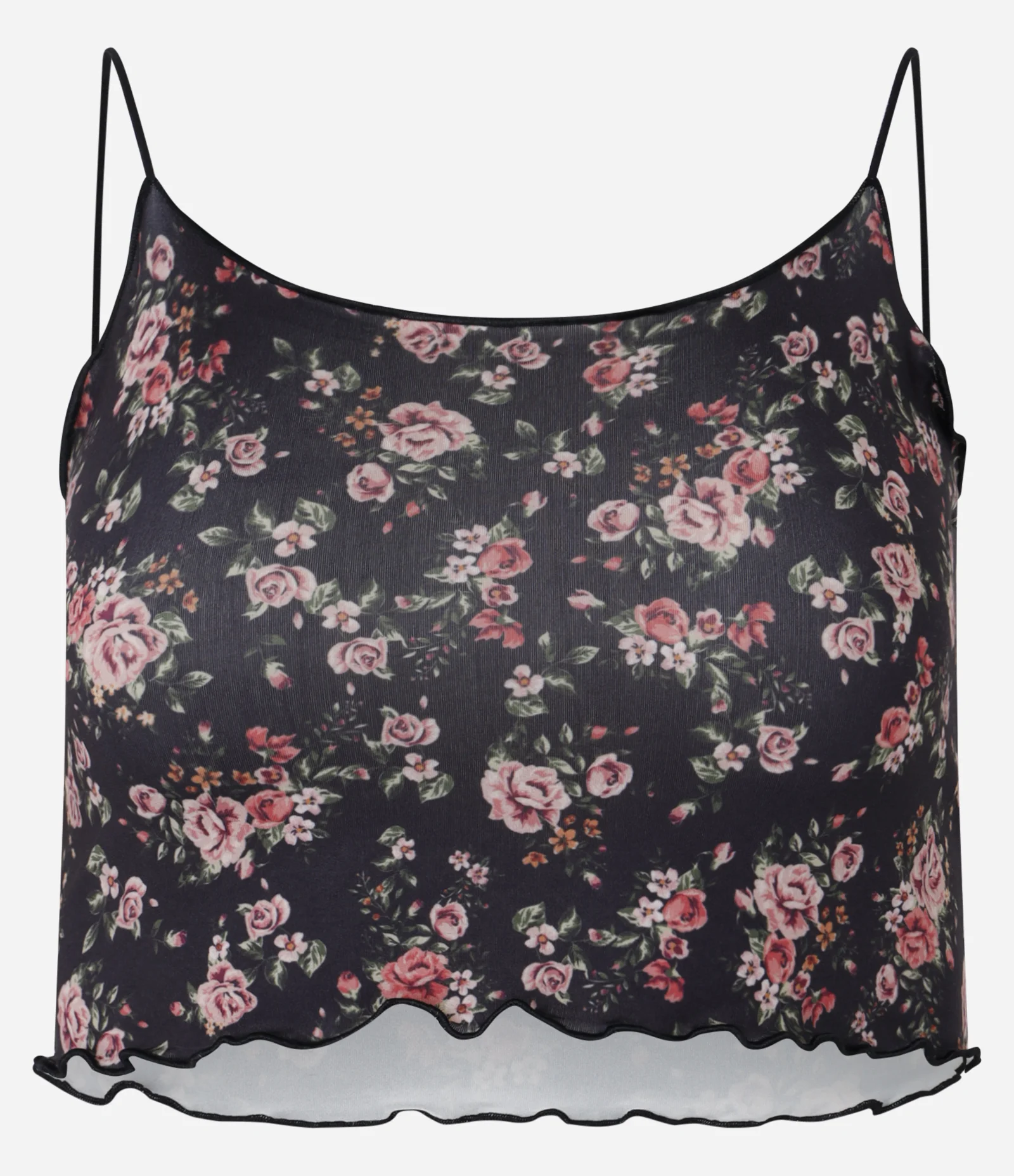 Blusa Cropped de Alça em Microfibra com Flores Estampadas Preto 1