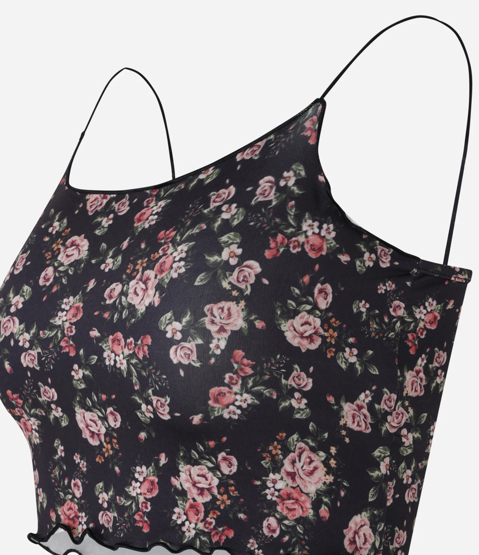 Blusa Cropped de Alça em Microfibra com Flores Estampadas Preto 2