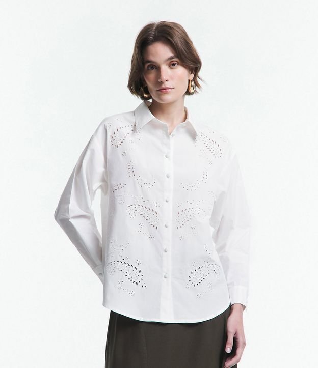 Camisa Manga Larga en Tricolina con Textura de Agujeritos Off White 1
