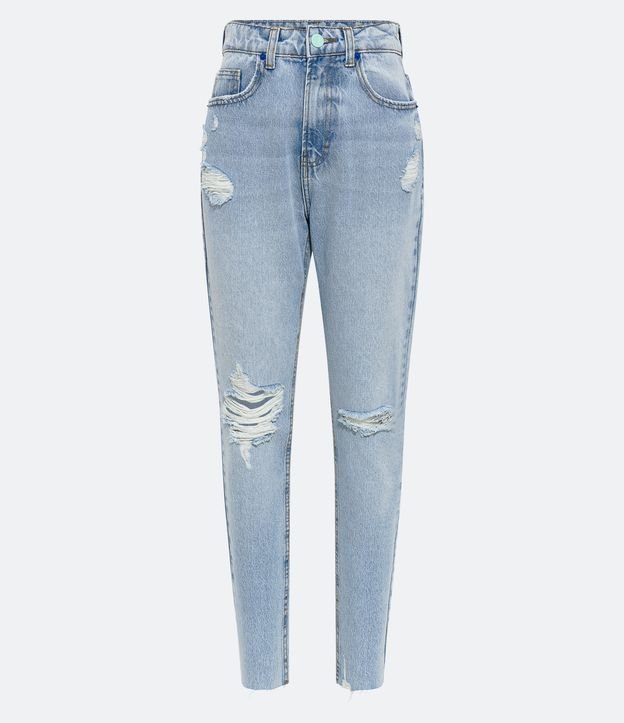 Calça Mom Jeans com Respingos e Puídos Azul 5