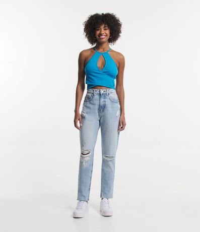 Calça Push Up Jeans com Puídos e Barra Desfeita Azul - Lojas Renner