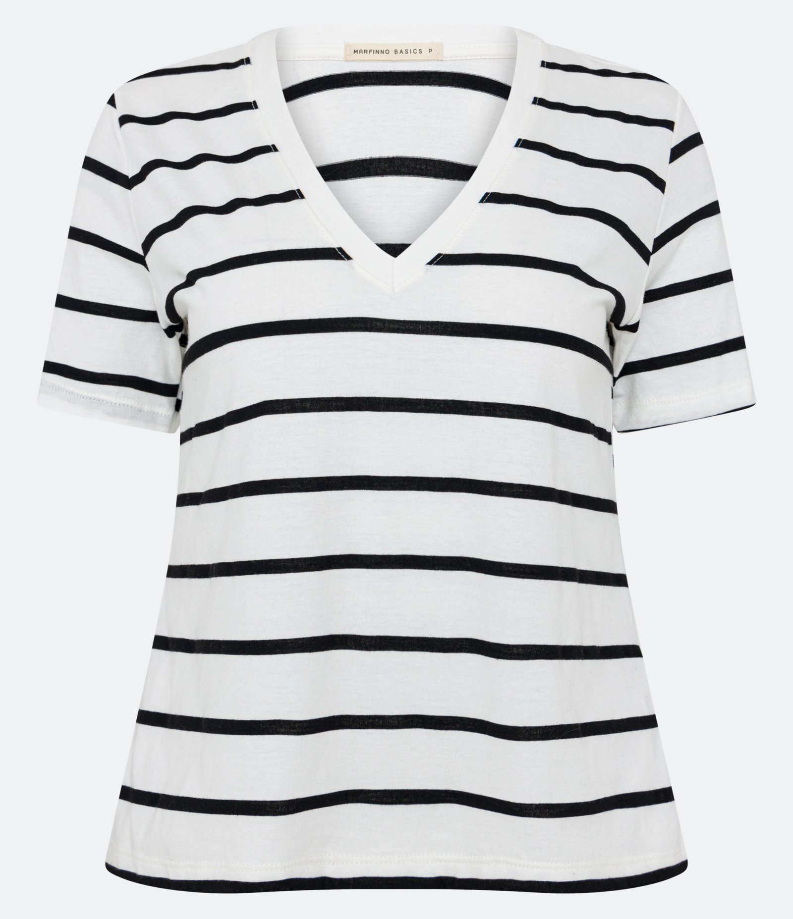 Camiseta Meia Malha com Decote V e Listras Branco 6