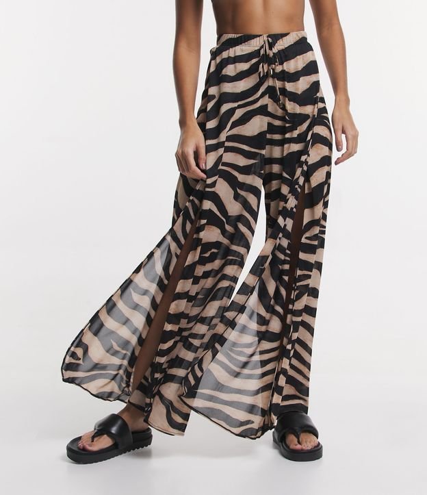 Saída de Praia Calça Pantalona em Crepe com Estampa Animal Print Zebra Preto/ Bege 2