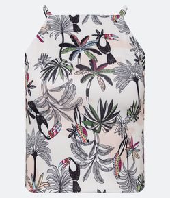 Blusa de Alça em Meia Malha Dupla Face com Estampa Tropical e Pássaros