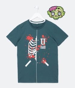 Camiseta Infantil com Estampa e Mascará de Zombie College - Tam 5 a 12 anos