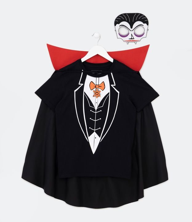 Camiseta Infantil Interativa com Estampa Capa e Máscara do Drácula - Tam 5  a 12 Anos Preto
