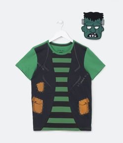 Camiseta Infantil com Estampa Frankie Stein com Máscara - Tam 5 a 12 Anos