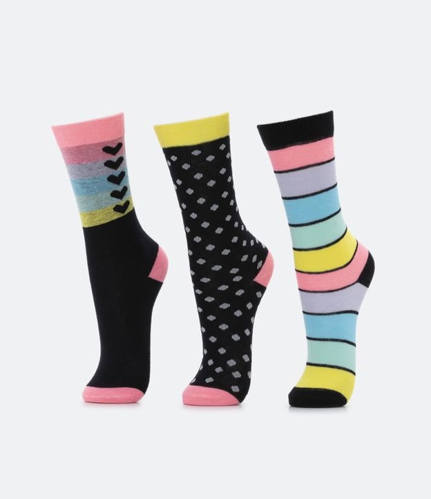 Kit 03 Pares de Meias Infantil com Listras Bolinhas e Corações - Tam 19/22 ao 31/34
