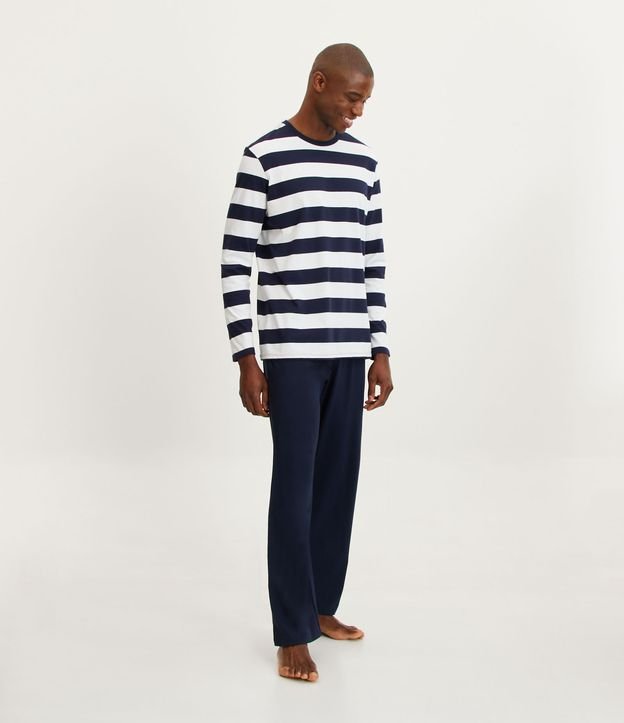 Pijama Longo em Algodão com Estampa Listrada Azul/ Branco 1