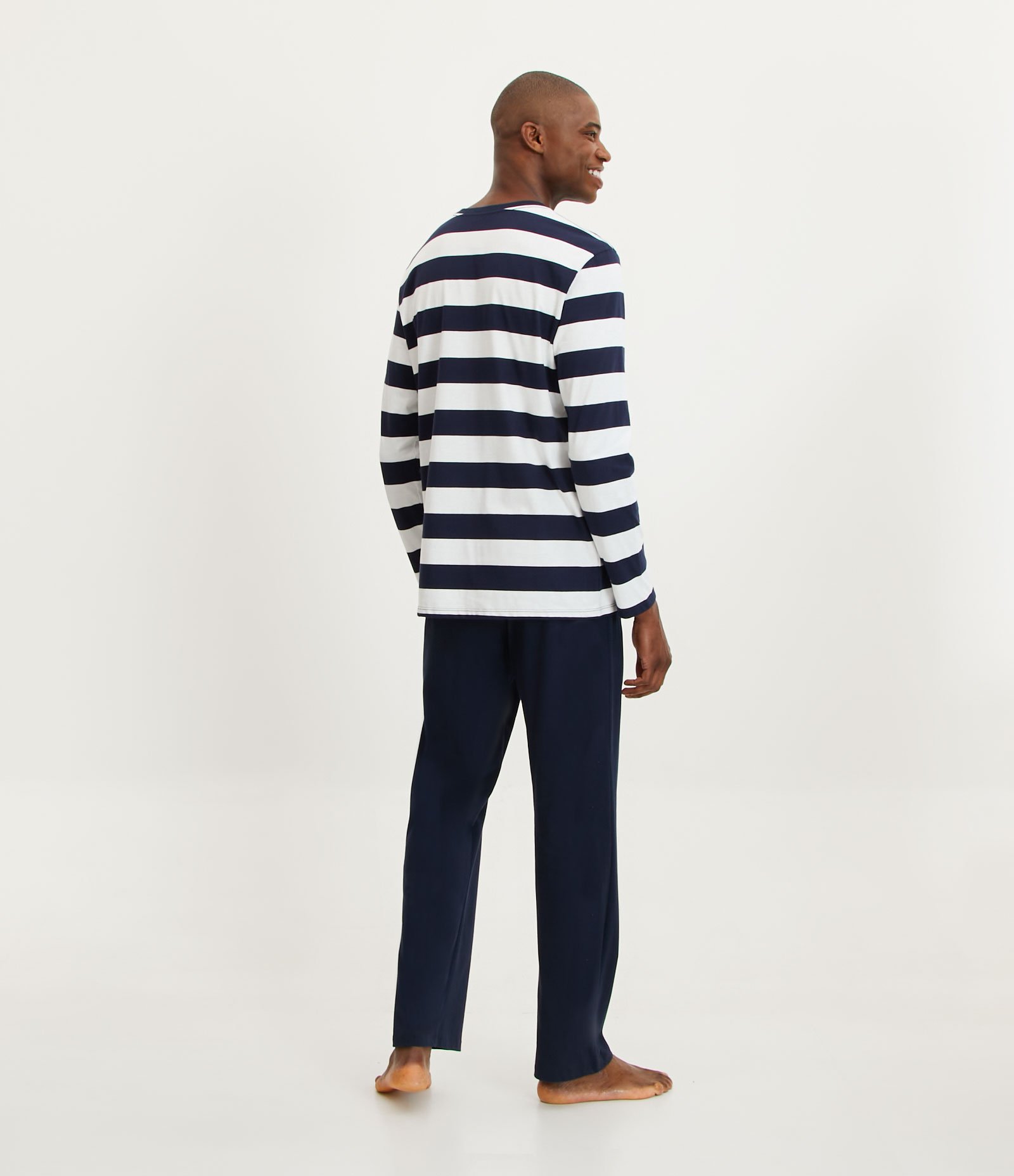 Pijama Longo em Algodão com Estampa Listrada Azul/ Branco 2