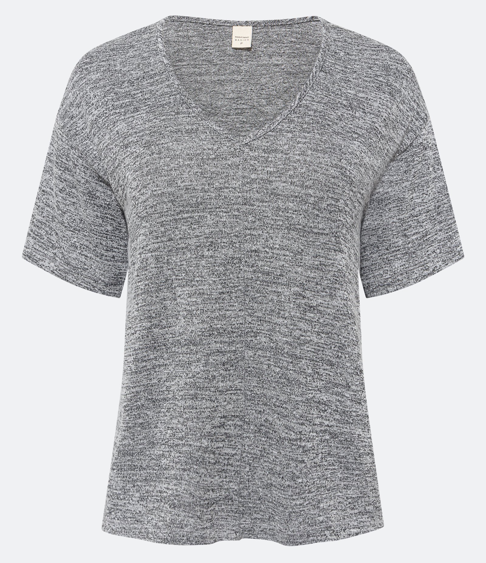 Blusa Manga Curta em Tricô Mescla com Recorte Frontal Costurado Cinza Mescla 1