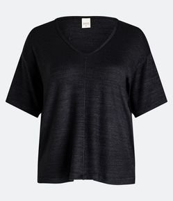 Blusa Manga Curta em Tricô Mescla com Recorte Frontal Costurado