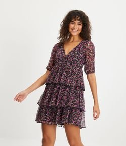 Vestido em Tule com Babados em Camadas e Estampa Floral