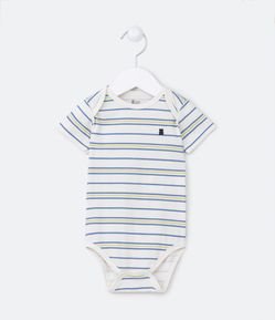 Body Básico Infantil em Cotton Listradinho com Ursinho no Peito - Tam 0 a 18 meses