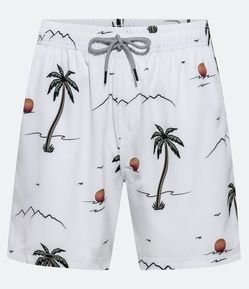 Bermuda de Banho em Microfibra com Estampa de Coqueiros e Pôr do Sol