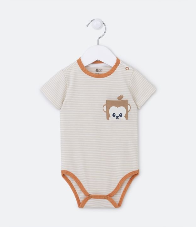 Body Infantil Listradinho com Estampa no Bolso de Macaquinho - Tam 0 a 18 meses