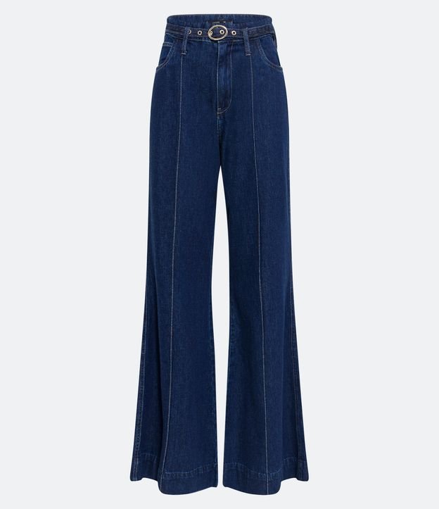Calça Pantalona Jeans com Cintura Alta e Recortes Azul Marinho 5