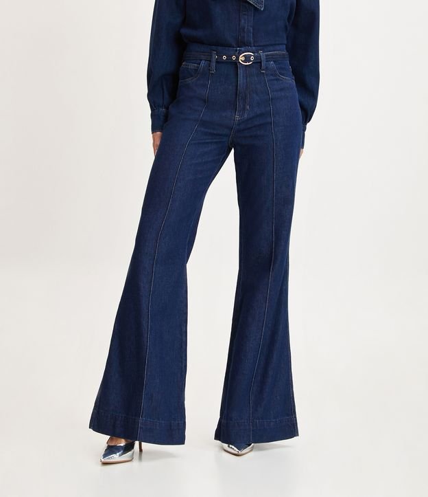 Calça Pantalona Jeans com Cintura Alta e Recortes Azul Marinho 2