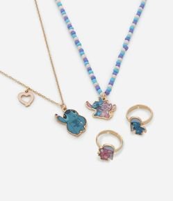 Kit 02 Colares e 02 Anéis Infantis com Detalhes do Stitch e Angel