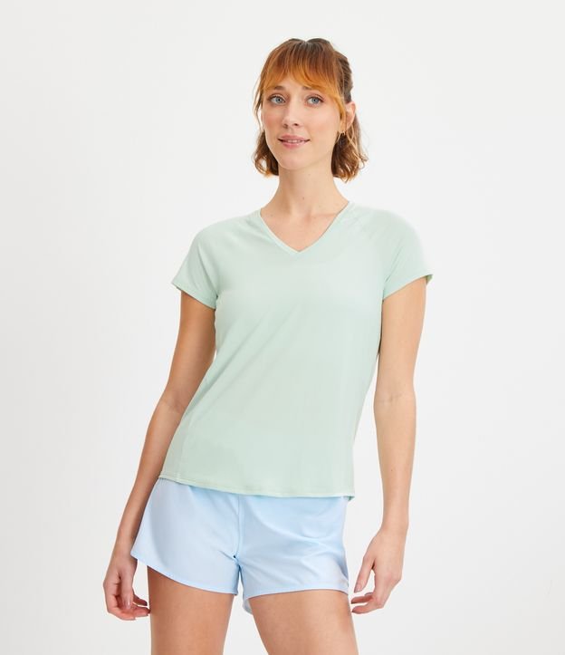 Camiseta Esportiva em Poliamida com Detalhe nas Costas e Estampa Lettering Verde Água 1