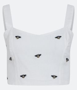 Blusa Cropped de Alça em Linho com Lastex e Bordado de Abelha