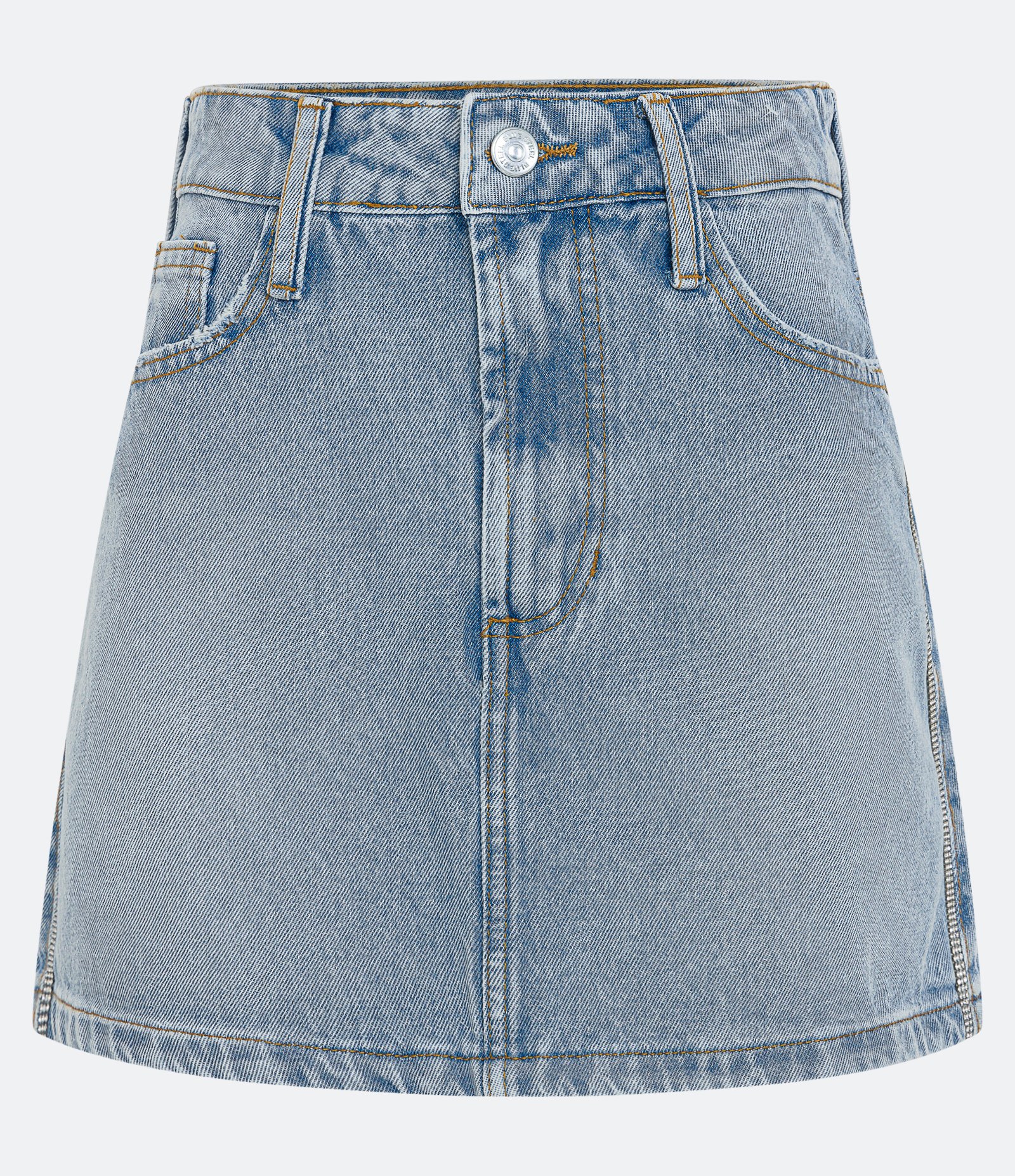 Saia Curta em Jeans com Bolsos e Brilho Lateral Azul 1