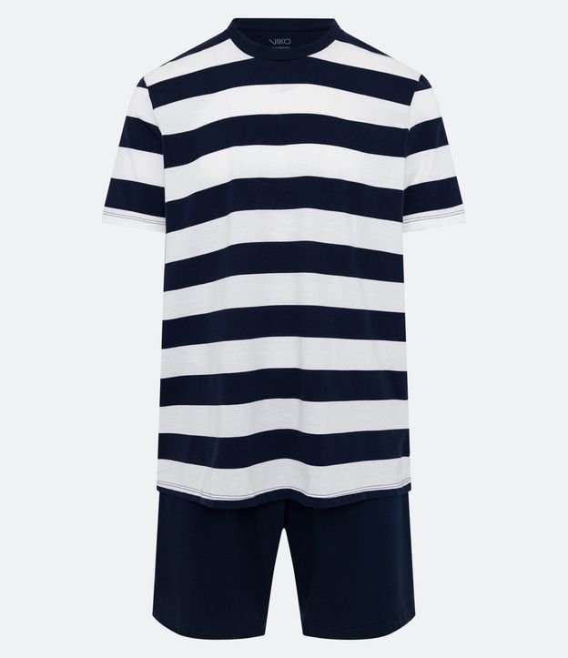Pijama Curto em Meia Malha com Estampa Listrada Azul/ Branco 5