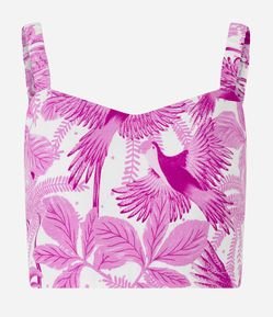 Blusa Cropped de Alça em Linho com Estampa Tropical