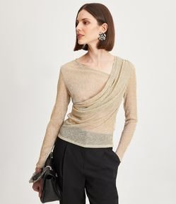 Blusa em Meia Malha Brilhosa com Drapeado Frontal