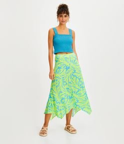 Saia Longa em Viscose com Pontas na Barra e Estampa de Folhagens